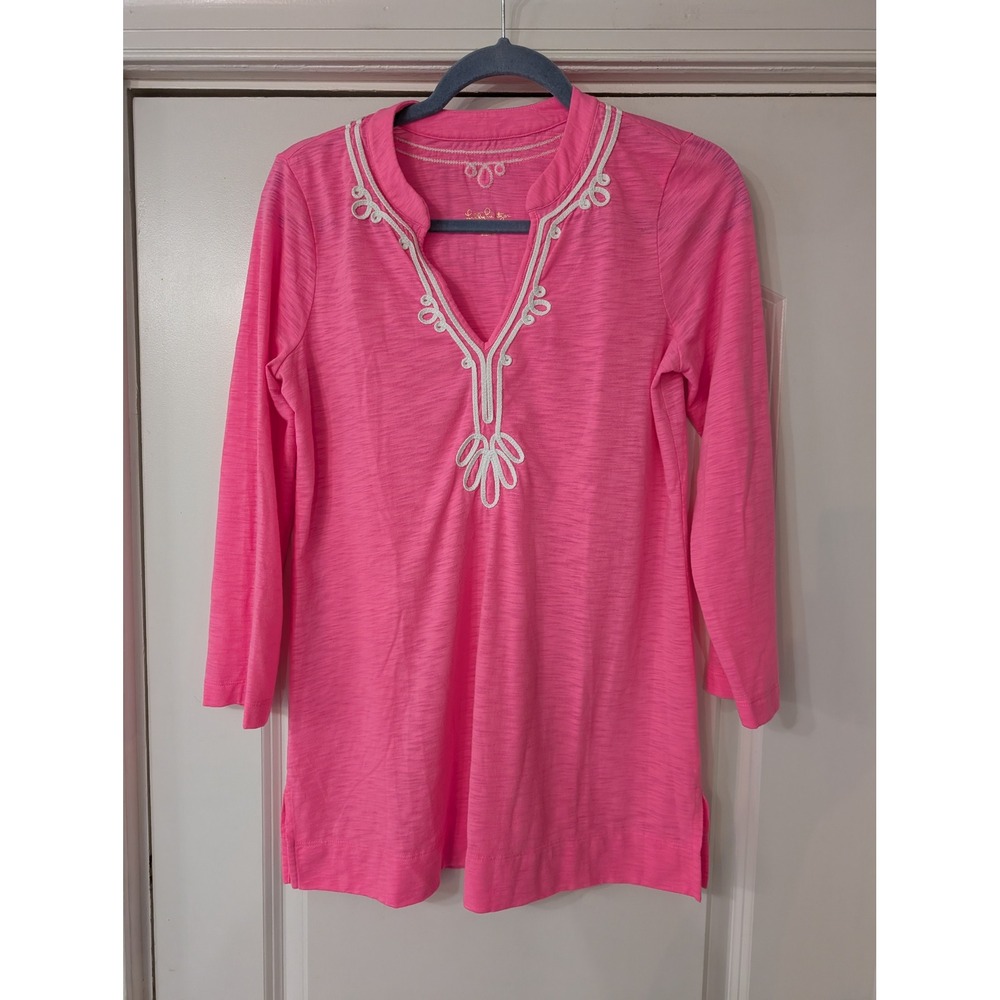 Lilly Pulitzer Pink Hialpesa Tunic Top Small Slub Cotton Embroidered 3/4 Sleeve